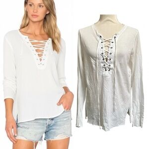 NSF White Lace Up Cotton Long Sleeve Lola Tee Top Small